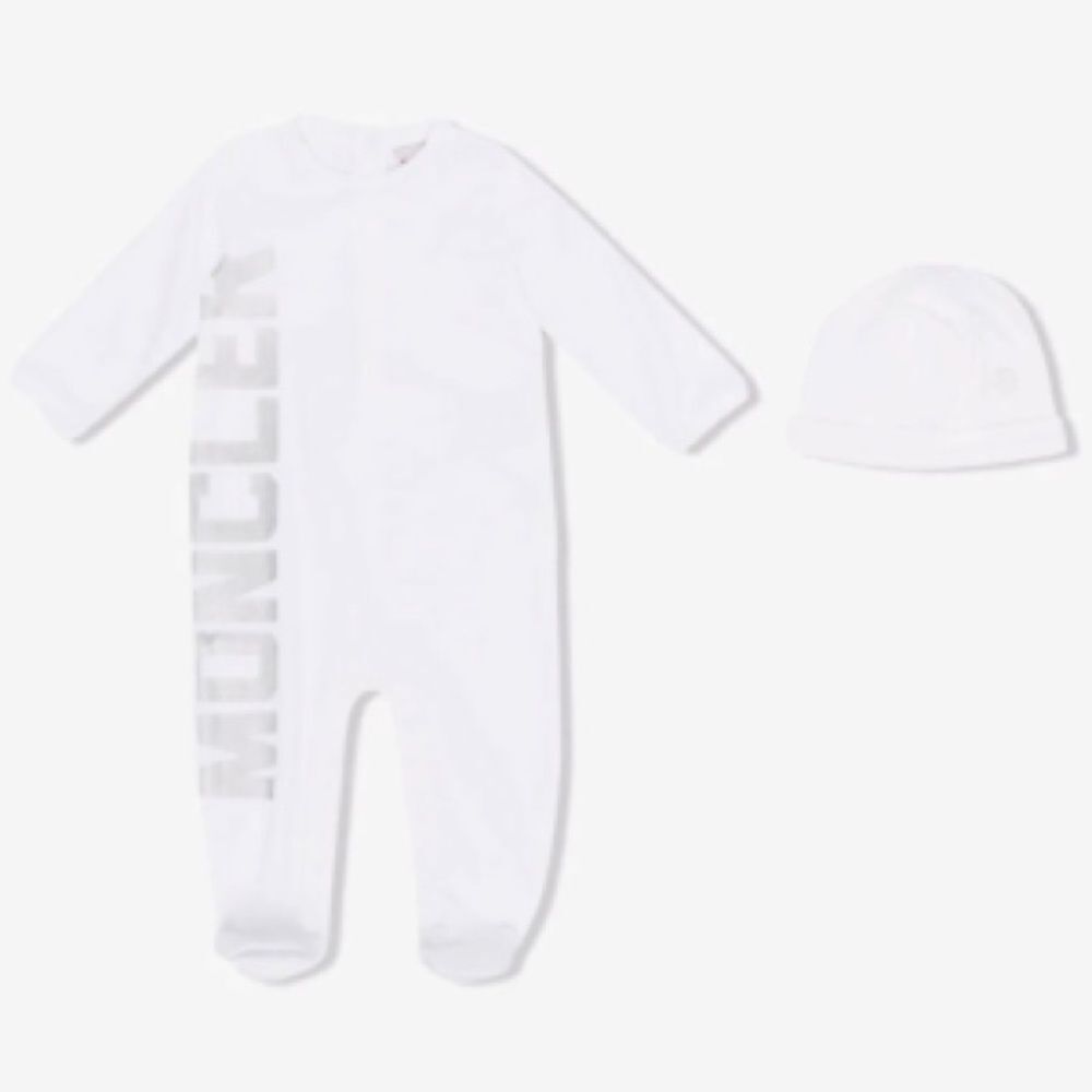 Moncler Enfant Logo Babygrow Set 2-Piece Footie &Hat, White, NWT, Size 9M-12M